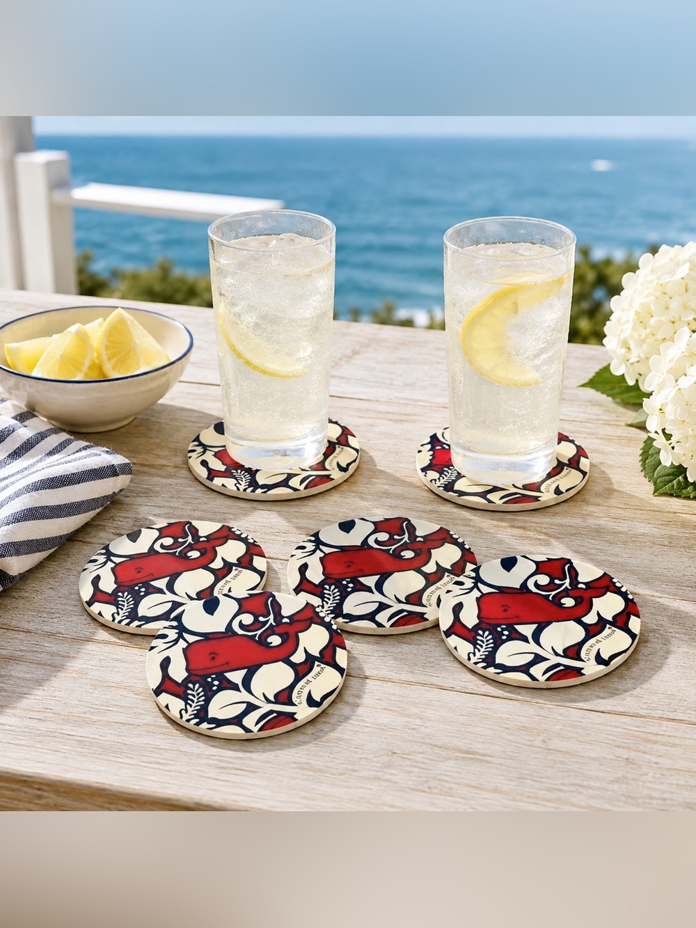Red cream and navy whale vineyard vine / Target coasters